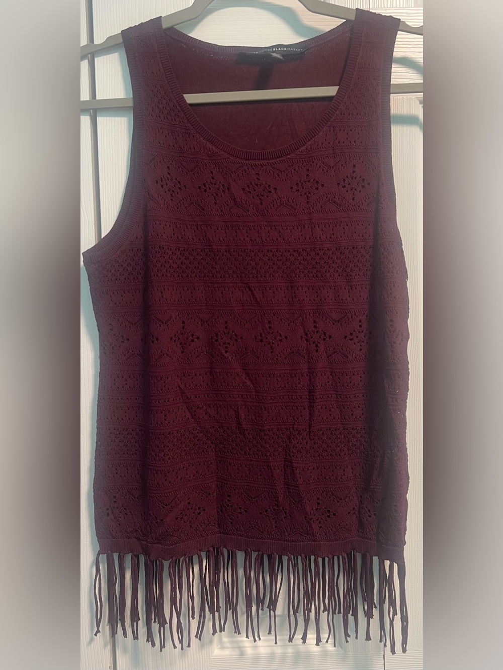 White House Black Market Burgundy Fringe and Knit Sleeveless Top